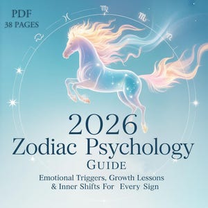 Peut inclure: Couverture numérique du "Guide de psychologie du zodiaque 2026". L'image présente une illustration de cheval céleste dans des tons de bleu, rose et jaune, sur fond bleu clair. Le texte comprend le titre et les détails du guide.
