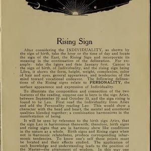 May include: A page from an old book, "Character at Sight," with the title "Rising Sign." The text discusses astrology, birth signs, and personality. A decorative illustration of celestial bodies and a sunburst is also present.