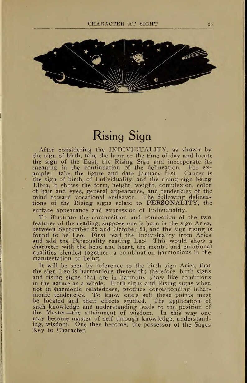 May include: A page from an old book, "Character at Sight," with the title "Rising Sign." The text discusses astrology, birth signs, and personality. A decorative illustration of celestial bodies and a sunburst is also present.