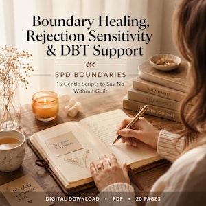 May include: Image of a journal with the text "My peace is a priority" and "It's okay to choose you." A person is writing in the journal with a pen. The image also shows a stack of books, a candle, and a cup of tea. The text reads "Boundary Healing, Rejection Sensitivity & DBT Support."