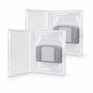 May include: Two clear plastic storage cases for video game cartridges, each featuring a hinged design and internal clips. Inside each case is a solid gray rectangular video game cartridge with a blank label area, positioned securely in the center.