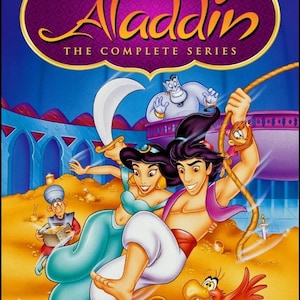 May include: DVD cover for Disney's Aladdin: The Complete Series. The cover features Aladdin, Jasmine, and other characters from the animated film. The title is in gold lettering on a purple background.