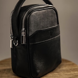Custom Groomsmen Leather Handbag, Personalized Husband Handbag, Black Genuine Handbag, Engraved Anniversary Gift for Men, Handmade Handbag