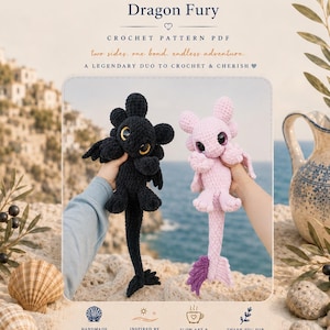 May include: A crochet pattern PDF featuring two Dragon Fury plushies, Joy and Kuro. One is black with yellow eyes, the other is pink with purple accents. The image includes text that says "Joy & Kuro Dragon Fury Crochet Pattern PDF".