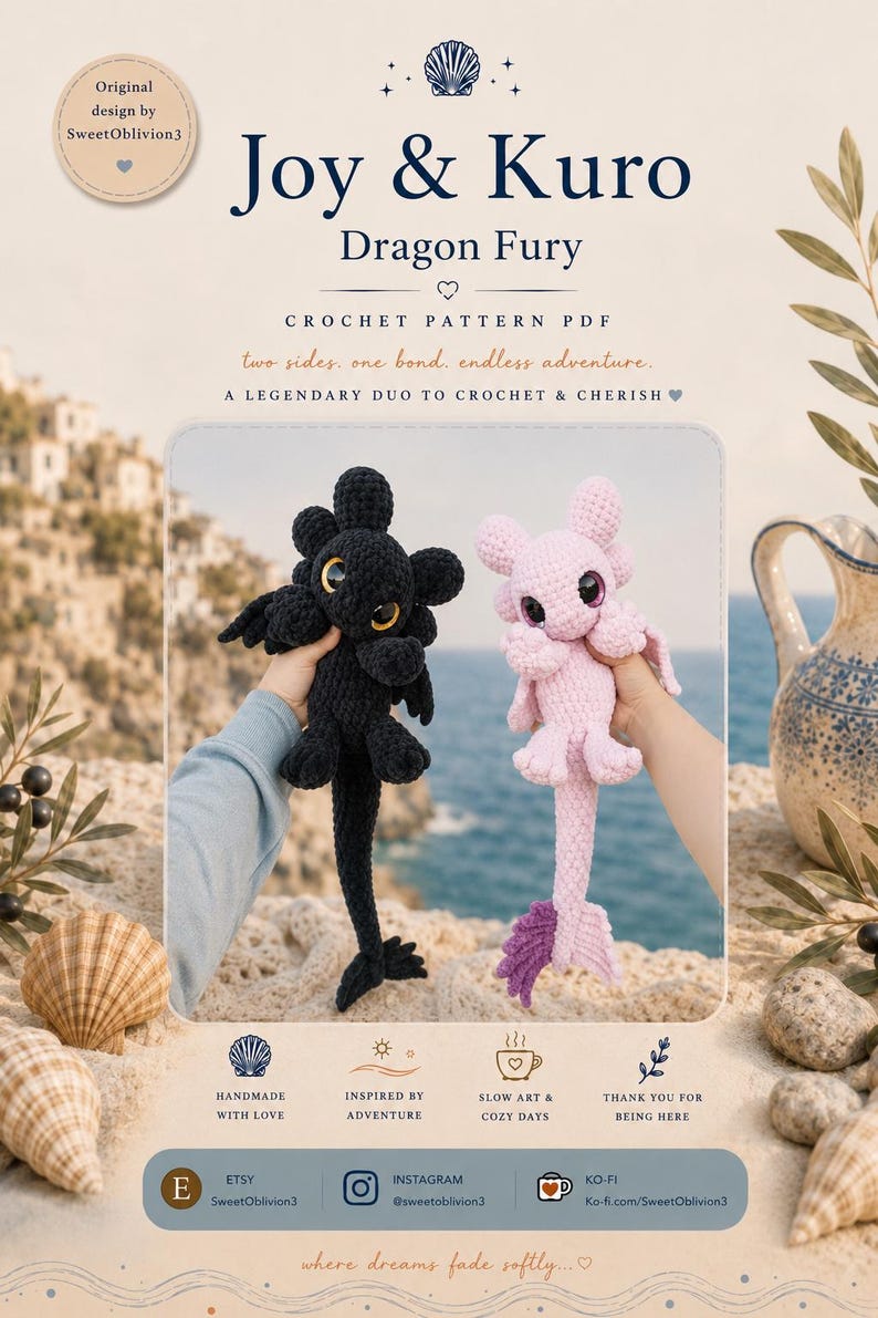 May include: A crochet pattern PDF featuring two Dragon Fury plushies, Joy and Kuro. One is black with yellow eyes, the other is pink with purple accents. The image includes text that says "Joy & Kuro Dragon Fury Crochet Pattern PDF".