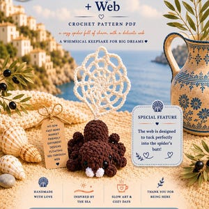 Op de afbeelding: Een haakpatroon PDF met een bruine spin en een wit web. De afbeelding bevat de tekst "Silk Spider + Web" en "A whimsical keepsake for big dreams." Het ontwerp is geïnspireerd door de zee en handgemaakt met liefde.