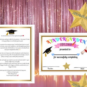 Certificado de graduación de preescolar imprimible y carta al maestro editable / Diploma de jardín de infantes / Descarga digital de fin de año