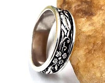 Anillo floral de plata de ley oxidada: estilo bohemio hecho a mano