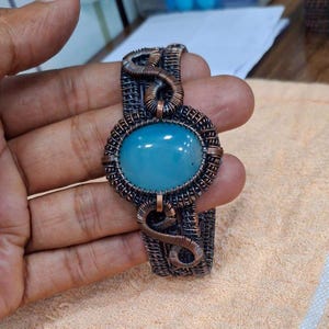 Aqua Aura Gemstone Copper Cuff Bracelet: Adjustable Wire Wrapped Bangle
