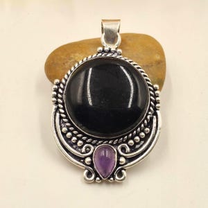 Schwarzer Onyx Amethyst Sterling Silber Anhänger, große runde Edelstein Halskette