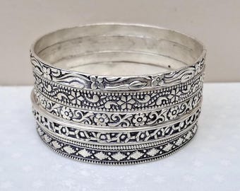 Silver Tone Bangle Set: Indian Ethnic Cuff Bracelet, Set of 5 - Etsy