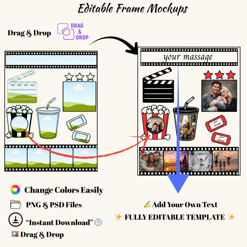 Editable Film Strip Frame Clipart: Drag & Drop Photo Templates (PNG ...
