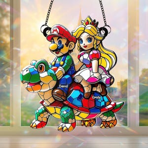 Personalized Mario Princess Suncatcher, Stained Glass Mario Window Hanging, Acrylic Nintendo Decor, Gamer Couple Ornament Gift