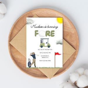 FORE Golf verjaardagsuitnodiging en bedankkaart | 4e verjaardagsuitnodiging voor jongen of meisje | Bewerkbare canvassjabloon | Afdrukbaar golffeest