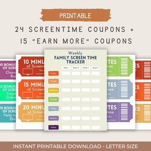 Waardebonnen voor schermtijd voor kinderen | Afdrukbare en bewerkbare technische tickets | Bonus 'Verdien meer'-bonuskaarten | Tool voor zacht ouderschap | Canvassjabloon