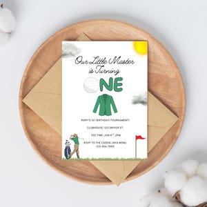 Masters Golf 1. Geburtstagseinladung & Dankeskarte | Unser Kleiner Meister wird Eins | Bearbeitbare Canva Vorlage | Golf-Party zum Ausdrucken