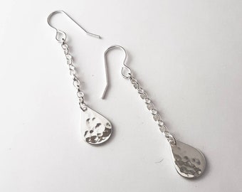 Dangly Chain Earrings - Sterling Silver - Hammered Long Drop Earrings - Handmade in UK