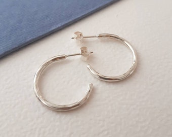 Hammered Silver Hoops - 2cm recycled sterling silver earrings - Minimalist jewellery design - Handmade in UK