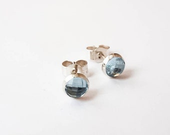 Handmade Sterling Silver Blue Topaz Studs – 6mm Round Stone Earrings