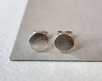 Textured Disk studs 7mm - Sterling Silver - small flat circle round stud earrings - Handmade in UK