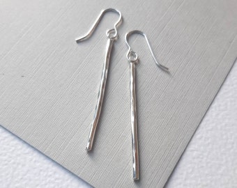 Hammered Silver Drop Earrings - Minimalist Sterling Silver dangly Earrings - Recycled silver - Handmade in UK