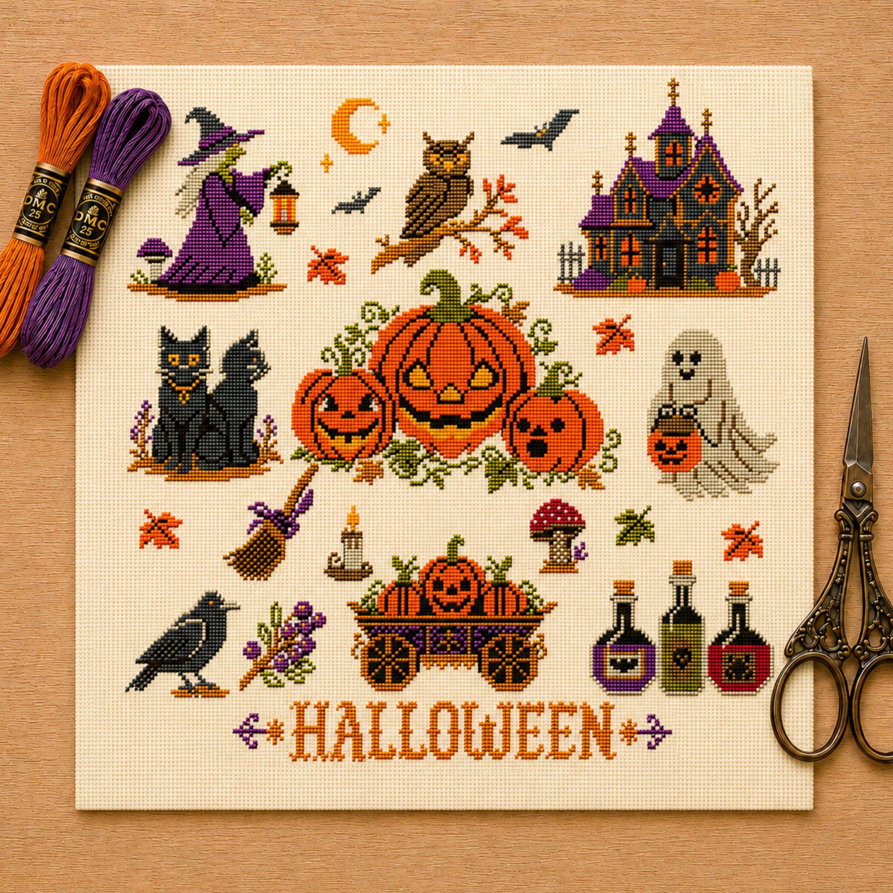 Halloween Sampler Cross Stitch Pattern, Witch Owl Haunted House Pumpkin Ghost Folk Art, Counted Cros