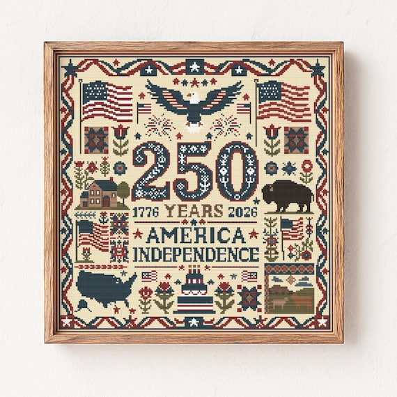 America 250 Years Independence Day Cross Stitch Pattern, 1776-2026 USA 250th Chart, 4 July Patriotic Day Folk Sampler, PDF, Instant Download
