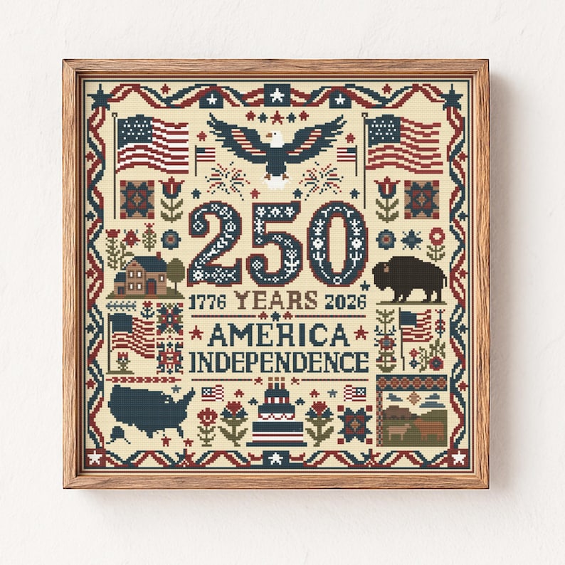 Korsstygnsmönster för Amerikas 250 år av självständighetsdagen, 1776-2026, diagram över USA:s 250:e årsdag, exempel på folkmusik för den 4 juli, PDF, direktnedladdning bild 1