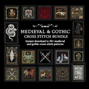 May include: A selection of framed cross-stitch patterns with a medieval and gothic theme. The images include a fox playing a lute, a skeleton, a tree, unicorns, and other gothic designs. The text reads "MEDIEVAL & GOTHIC CROSS STITCH BUNDLE".