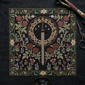 Gothic Floral Sword counted Cross Stitch Pattern • Dark Academia Medieval Embroidery • Gothic Home Decor • PDF • Instant Download