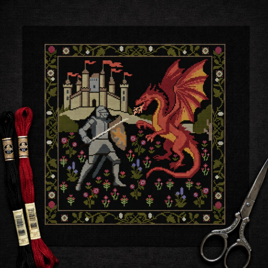 Knight Vs Dragon Cross Stitch Pattern PDF | Medieval Fantasy Battle ...