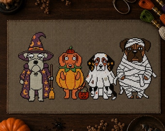 ハロウィン犬のクロスステッチパターンPDF | 不気味なペットのサンプラー カウントクロスステッチ | 魔女、カボチャ、幽霊、ミイラの犬用コスチューム