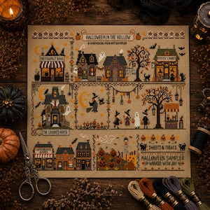 May include: A cross-stitch sampler on tan fabric titled Halloween in the Hollow, featuring rows of stitched houses, a witch on a broom, ghosts, pumpkins, and trees. Text includes The Moonlit Bowl, Mystic Charm, The Crooked House, and Sweets & Treats.