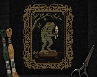 ゴシックカエルのクロスステッチパターン • 魔女のヒキガエルのランタン PDF • ダークコテージコア ゴブリンコア刺繍 • ウィムジゴス ブラックアイーダ装飾