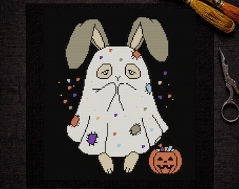ゴーストバニー ハロウィン クロスステッチパターン PDF | おもしろくて不気味なウサギ | デジタルダウンロード