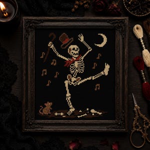 Borduurpatroon van een dansend skelet voor Halloween, gotisch skelet met hoge hoed, muziek, volkskunst, telpatroon voor kruissteek (PDF).