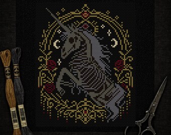 骸骨ユニコーンのクロスステッチパターン • ゴシックダークファンタジーホースPDF • 魔女風メメントモリ刺繍 • ダークコテージコアブラックアイーダ