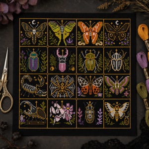 May include: A black fabric square featuring a grid of sixteen cross-stitch insect and arachnid designs, including various moths, beetles, a scorpion, and a spider. The embroidery uses vibrant thread colors against the dark background.