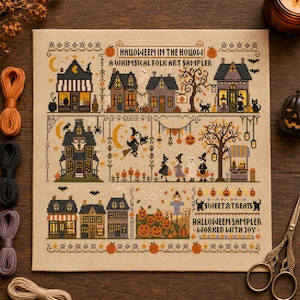 Halloween Village Cross Stitch Pattern, Primitive Folk Art Town Sampler, Witch Haunted House Counted Cross Stitch PDF