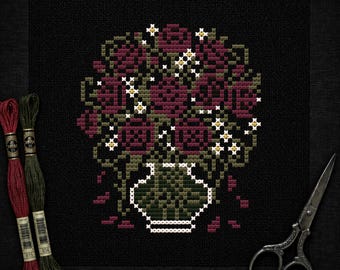 ゴシックローズブーケのクロスステッチパターンPDF、薬瓶のダークフローラル、魔女風ローズのボタニカル刺繍 • ダークコテージコアデコレーション