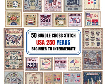 アメリカ建国250周年記念クロスステッチパターン集（PDF）• 初心者から中級者向け50点セット • 愛国的なアメリカンフォークアート • 即時ダウンロード