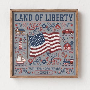 Land of Liberty Cross Stitch Pattern, Americana Folk Art (Digital Download)
