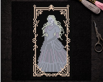 幽霊の女性のクロスステッチパターン • ゴシックゴーストPDF • 幽霊の出るビクトリア朝の女性の刺繍 • ハロウィンの黒いアイーダ生地の刺繍