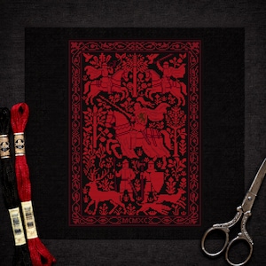 May include: Black cross-stitch design with a red medieval scene depicting knights, deer, and foliage. The design includes the Roman numerals MCMXC. Red and black embroidery thread and scissors are in the foreground.