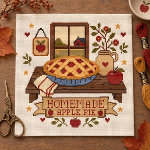 May include: A cross-stitch embroidery on cream fabric featuring a lattice-crust apple pie on a wooden table, a window, a pitcher, and apples. The text reads HOMEMADE APPLE PIE. The design includes red hearts, green leaves, and yellow stars.