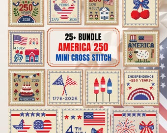 USA 250 ミニクロスステッチバンドル（25種類以上のパターン）、愛国的な刺繍PDF、独立記念日の装飾、アメリカ国旗デザイン、デジタルダウンロード