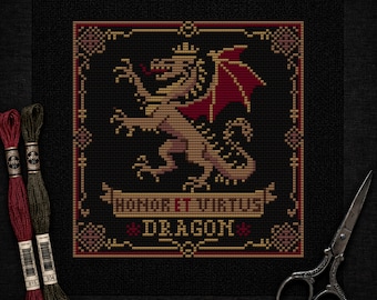 中世のドラゴンのクロスステッチパターン • ゴシックドラゴンのPDF • ファンタジー紋章刺繍 • ダークアカデミアの刺繍PDF（即時ダウンロード）