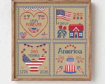 アメリカ建国250周年記念クロスステッチパターン • アメリカ建国250周年記念切手サンプラー • 愛国的なフォークアート 7月4日 PDFダウンロード