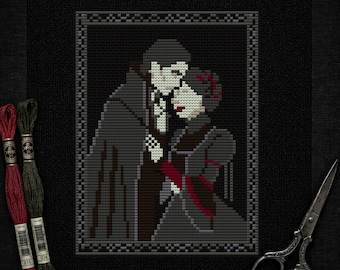 吸血鬼カップルのクロスステッチパターン • ゴシック ドラキュラ ロマンス バイト PDF • 魔女ホラー刺繍 • ダーク ゴシック ロマンス ブラック アイーダ