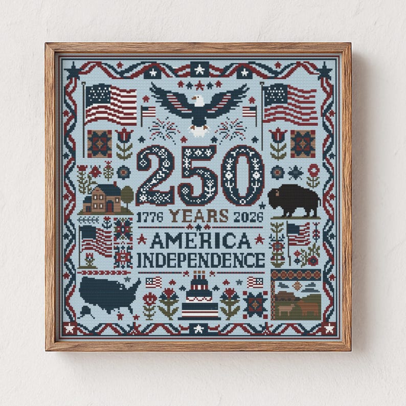 Korsstygnsmönster för Amerikas 250 år av självständighetsdagen, 1776-2026, diagram över USA:s 250:e årsdag, exempel på folkmusik för den 4 juli, PDF, direktnedladdning bild 2